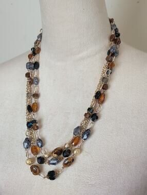 Vintage West Germany Mixed Media Statement Necklace Three Multi Layer